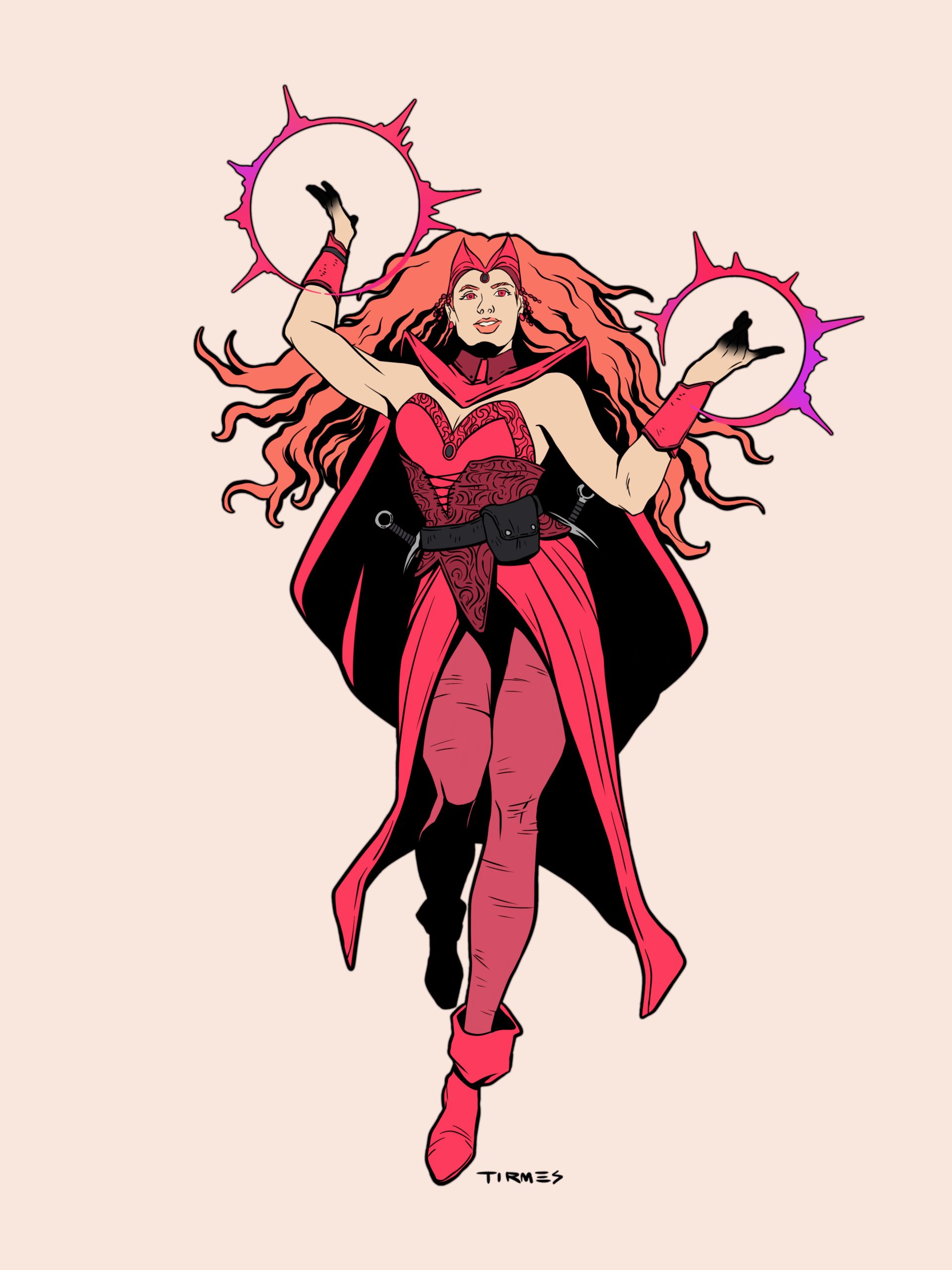 Superheroína Bruja Escarlata, de los Vengadores con estética de Dungeons and Dragons.