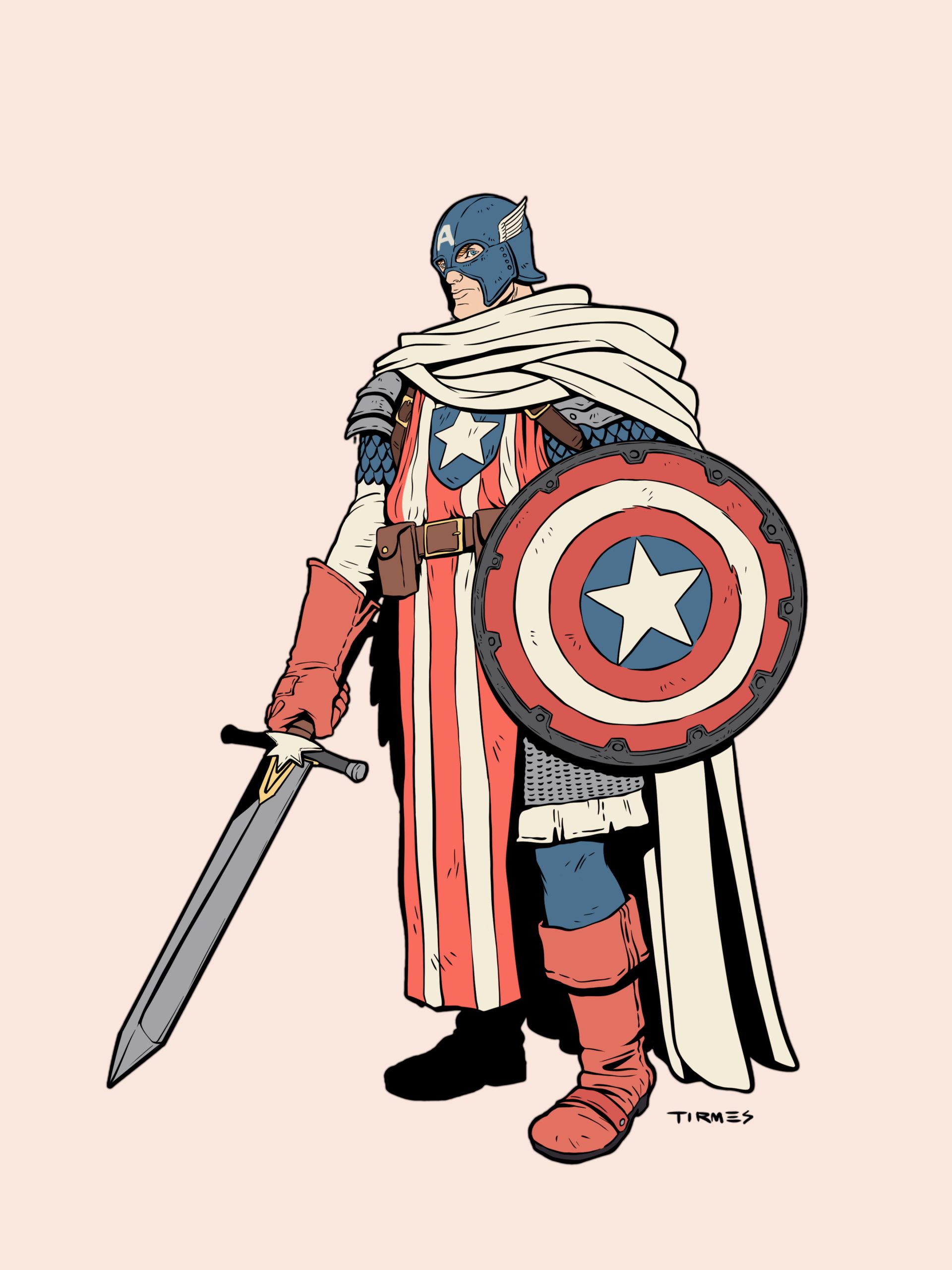 Superhéroe Capitán América rediseñado con estética medieval.